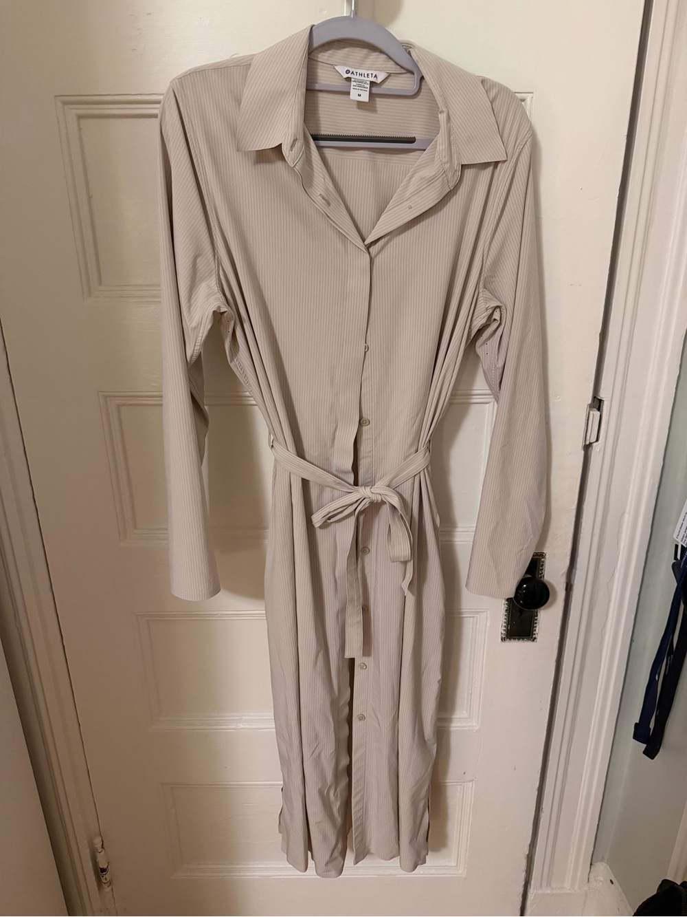Athleta Beige Button-Front Long-Sleeve Shirt Dress with Tie Waist